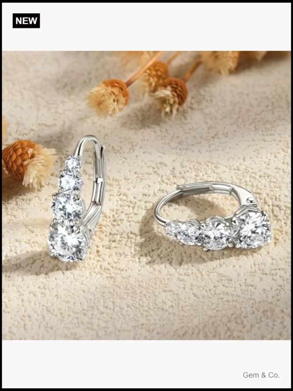 4 Stone Moissanite Hoop Earrings, 925 Sterling Silver Leverback Drop - Picture 4 of 7